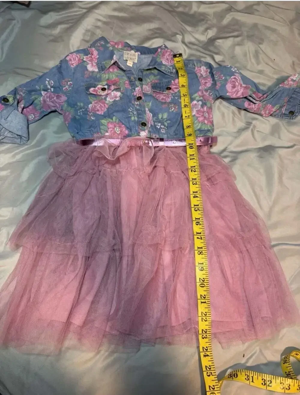 Pink & Violet Girls Floral Print Denim Bodice Tulle Tutu Dress w/ Metallic Belt